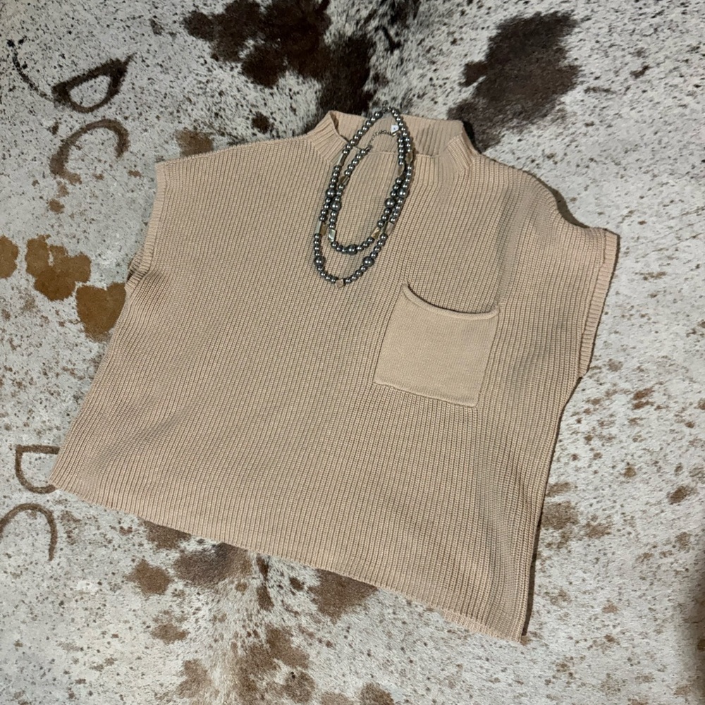 Beige Sleeveless Knit Top with Pocket